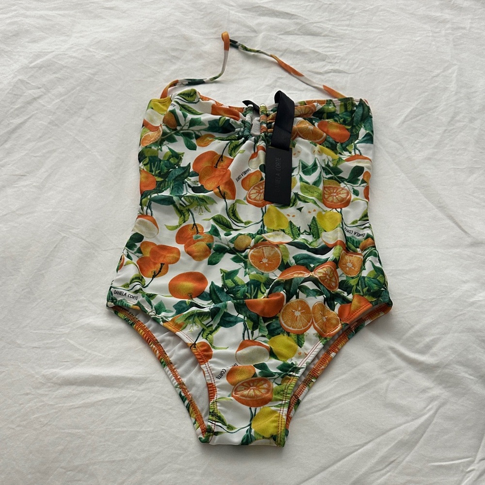 DANIELA CORTE White Citrus Print One Piece Swimsuit Silver accent Size Medium - Picture 2 of 14